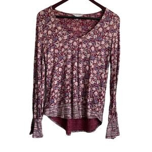Lucky‎ Brand Women Top S Maroon Floral Ruffle Cuff High Low Hem Cottage Grandma